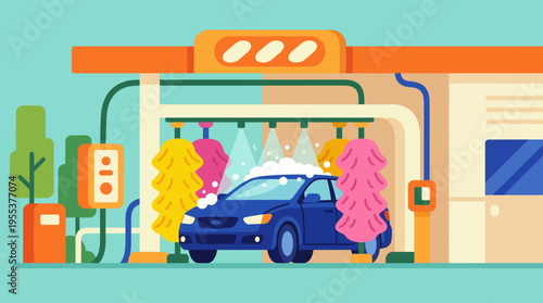 An eye-catching illustration of a car wash with bright, colorful brushes, soap bubbles, and a shiny car being pampered under a refreshing spray of water.