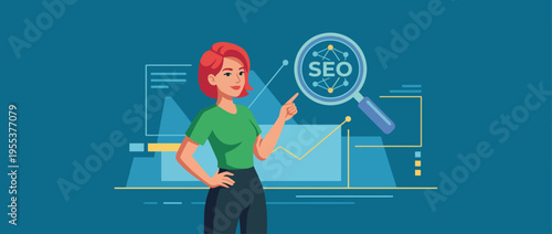 An engaging illustration of a woman explaining SEO concepts, highlighting data analytics with graphs, charts, and a focus on the importance of digital marketing strategies.