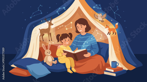 A heartwarming illustration of a mother reading a book to her child in a cozy indoor fort while whimsical animals and constellations create a magical atmosphere.