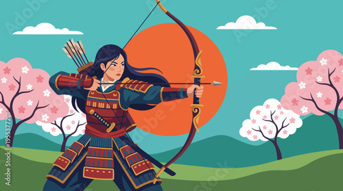 A determined warrior woman draws her bow under a vibrant sun, embodying strength, focus, and tradition against a backdrop of beautiful cherry blossom trees.