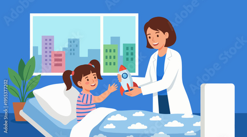 A joyful pediatrician presents a toy rocket to a delighted child in a hospital room, highlighting the importance of care, compassion, and playfulness in healing young patients.
