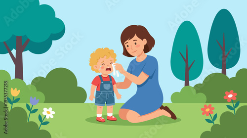In a serene outdoor setting, a mother comforts her crying child, demonstrating love and nurturing, amidst blossoming flowers and lush greenery.