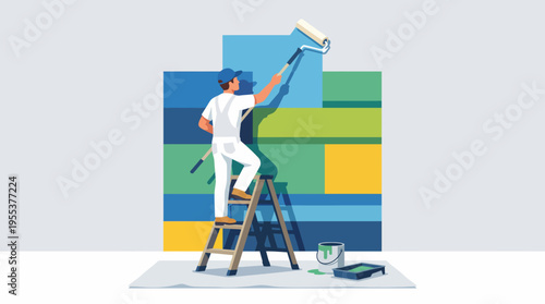 A skilled painter applies bright colors on a wall, showcasing creativity and expression, while standing on a ladder against a clean and simple background.