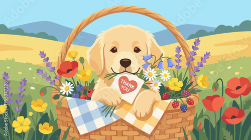 A playful golden puppy nestled in a charming basket filled with colorful flowers, radiates warmth and joy, perfect for expressing gratitude and love.