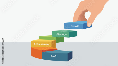 This image presents a visually appealing staircase with blocks labeled Growth, Strategy, Achievement, and Profit, representing the essential steps to success in business.