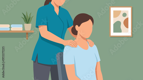 A serene image showing a therapist offering a calming shoulder massage to a client, emphasizing relaxation and wellness in a cozy environment.