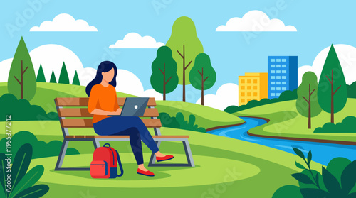 A modern image of a person focused on their laptop amidst a lush green park, illustrating the blend of technology and nature for productivity.