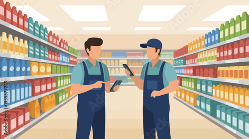 This image showcases two workers engaged in a discussion while browsing through grocery shelves, highlighting teamwork and collaboration in a retail environment.