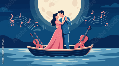 This romantic image captures a couple dancing on a boat under a moonlit sky, surrounded by musical notes, symbolizing love, passion, and connection.