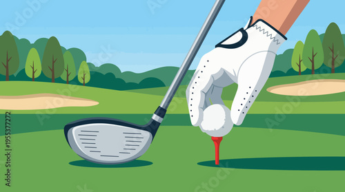An elegant golf club is poised to strike a golf ball on a beautiful sunny day at the golf course, showcasing the precision and focus involved in the sport.