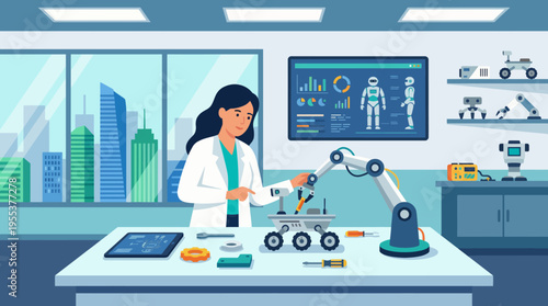 A focused female scientist engages with robotic technology in a modern lab, highlighting the intersection of innovation and engineering in scientific exploration.