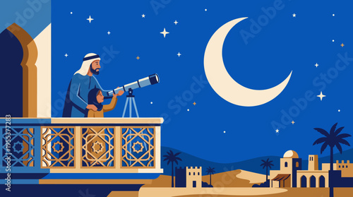 A father and child share a magical night of stargazing using a telescope, fostering curiosity and connection under a serene sky filled with stars and a crescent moon.