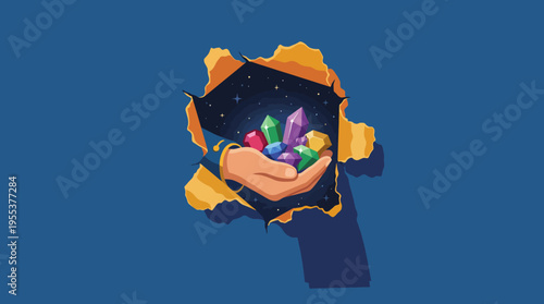 A vibrant hand holds a collection of colorful crystals against a blue backdrop, symbolizing creativity and the beauty of natural formations and artistic expression.