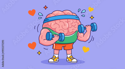 An animated brain character lifts weights, combining strength with intelligence, showcasing the importance of mental health and fitness in a fun and engaging way.