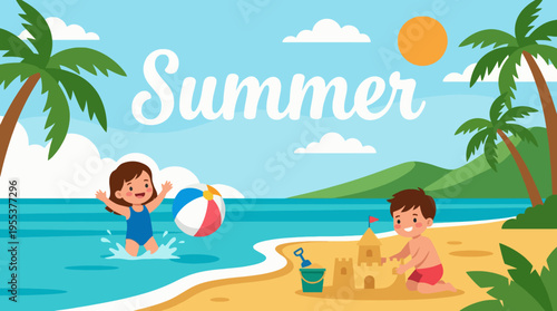Two joyful children play at the beach, one building a sandcastle and the other splashing in the water, capturing the essence of childhood and carefree summer days.