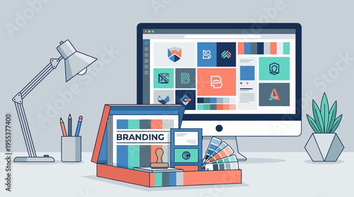 A creative workspace showcasing branding strategy materials on a modern desktop, emphasizing the significance of brand identity development in a digital age and artistic collaboration.