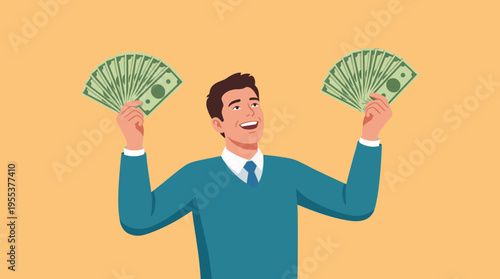 A joyful young man holding stacks of cash, symbolizing success, financial achievement, and the exhilaration of reaching personal or professional goals in life.