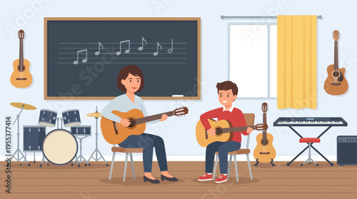 A cozy music classroom with a teacher and student playing guitars, representing the joy of learning music and building connections through creativity and expression.