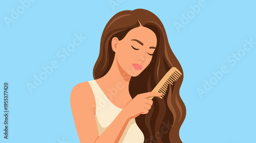 A serene woman combing her long hair, displaying themes of self-care, beauty routines, and personal grooming in a calm and refreshing atmosphere.