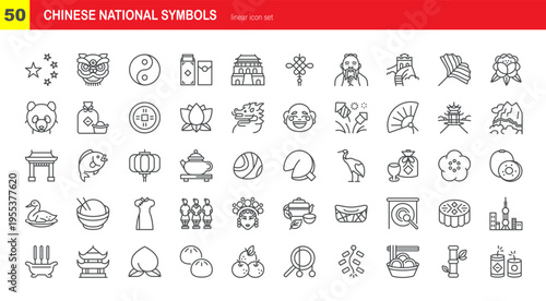 China Symbols Icon Set. Chinese Dragon, Panda, Great Wall, Confucius, Coin, Peking Opera Mask, Tea Ceremony, Pagoda, Yin Yang, Cheongsam and Other National Icons. Minimalistic Linear Symbols 