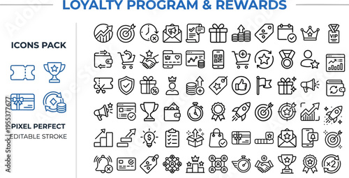 Loyalty Program & Rewards Icon Set Pack — Points, Membership, Gift, Pixel Perfect Editable Vector