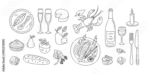 A black and white line art illustration depicts a French bistro meal scene with food wine glasses utensils and dishes on a table indoors