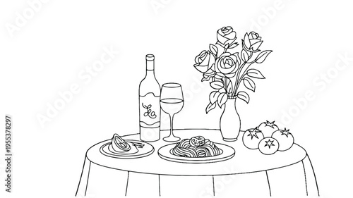 A black and white illustration of a wine bottle, wine glass, plate of food, and vase with flowers on a table with a tablecloth.