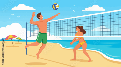 A lively beach volleyball match between two players under a bright blue sky, highlighting the joy of sports, teamwork, and outdoor fun on a sunny day by the sea.