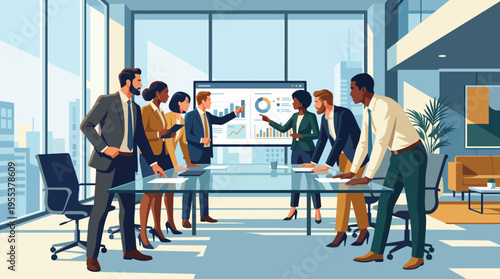A group of professionals collaborating in a business meeting room, highlighting teamwork, productivity, and the importance of communication in the corporate world.
