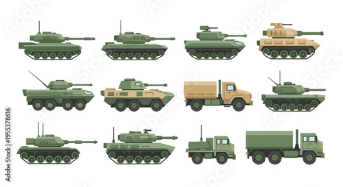 Military Vehicle Vector Set: Armored Tanks, APCs, and Heavy Duty Logistics Trucks Isolated on White Background