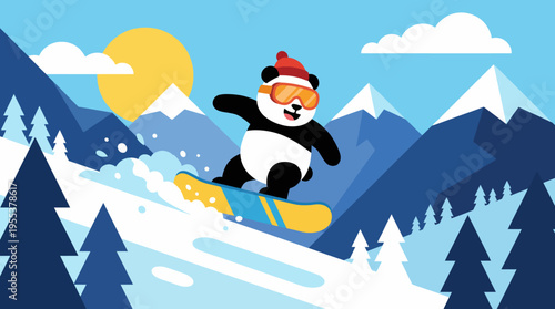 An adorable panda snowboarding down snowy mountains under a bright sun, encapsulating fun, adventure, and the joy of winter sports in a playful and whimsical manner.