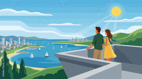 A stunning landscape showcasing a couple overlooking a picturesque waterfront city, highlighting natural beauty and urban life intertwined by the shimmering water.