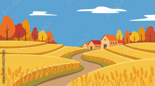 A tranquil autumn landscape depicts golden fields and cozy homes, capturing the beauty of nature's change and the serenity of rural life in fall.