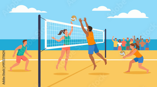 An exciting beach volleyball game captures athletes' energy and teamwork against a lively ocean backdrop, showcasing physical activity and summer fun.