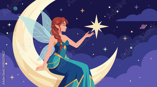 A captivating fairy sits gracefully on a crescent moon, surrounded by stars, portraying themes of magic, dreams, and serenity in a fantastical night scene.