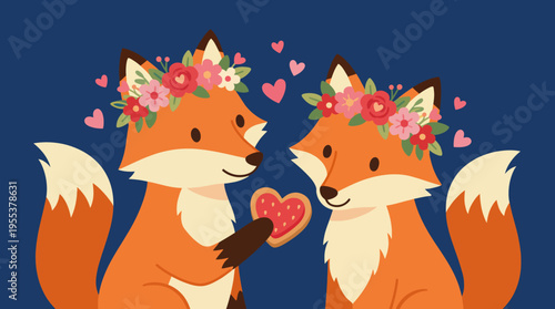 This charming illustration features two cute foxes adorned with floral crowns, sharing a heart-shaped cookie against a blue background, symbolizing love and friendship.