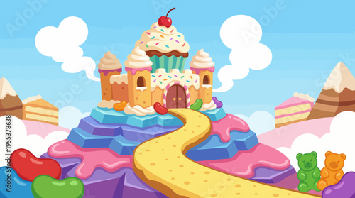 A whimsical illustration of a candy castle invites viewers into a fantastical world filled with desserts, showcasing imagination and delightful colors.