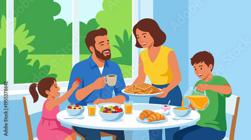 A cheerful family sits around a table, sharing a delightful breakfast with fruits, waffles, and drinks, embodying warmth, togetherness, and morning happiness.