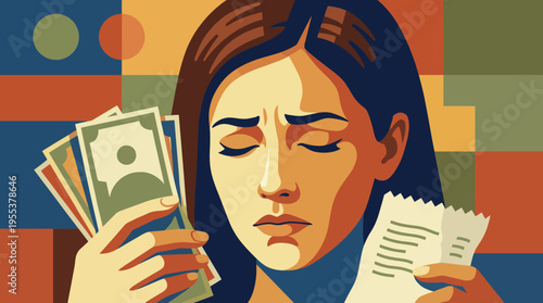 A concerned woman holds cash and a receipt, portraying financial stress and uncertainty. This image effectively captures modern challenges in managing expenses and budgets.
