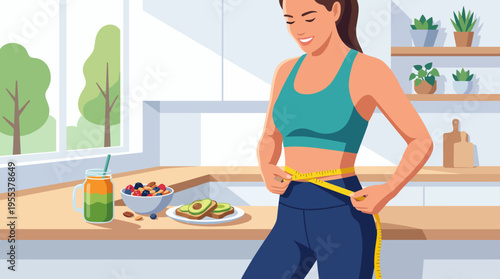 A fit woman measuring her waist in a bright kitchen, highlighting healthy eating with smoothie, fruit, and avocados on the table, symbolizing fitness and wellness.