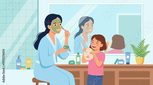 A joyful moment shared between a mother and daughter as they apply face masks, embodying fun, relaxation, and bonding, perfect for representing self-care in families.