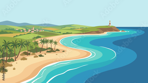 A picturesque beach scene featuring gentle waves, a lighthouse, and lush hills, showcasing the beauty of coastal landscapes. This image invites relaxation and escape into nature.