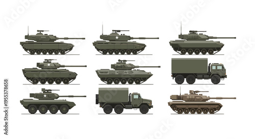 Military Vehicle Collection Set of Tanks Armored Cars and Army Trucks in Flat Vector Illustration