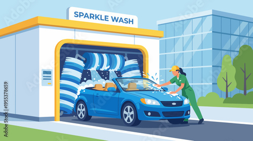 A car being cleaned at a modern automated car wash, showcasing the convenience of contemporary services. This image reflects cleanliness and efficiency in vehicle care.