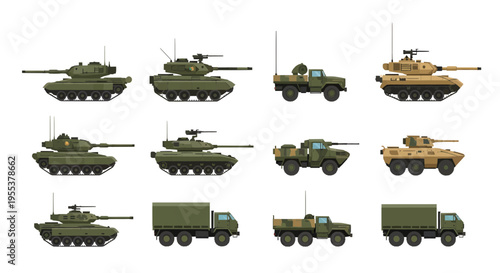 Military Armored Vehicle Set: Modern Battle Tanks, Infantry Fighting Vehicles, and Logistics Trucks in Flat Vector Style