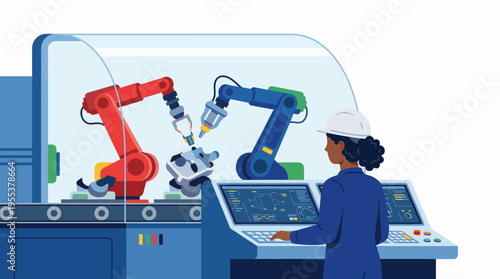 A technician operates high-tech robotic arms in a modern factory, demonstrating the blend of technology and industry in today's automated manufacturing processes.