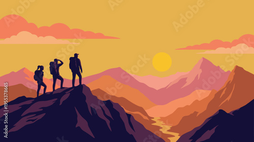 Three hikers admire a stunning sunset view from a mountain peak, showcasing vibrant colors and the beauty of nature in a serene outdoor setting.