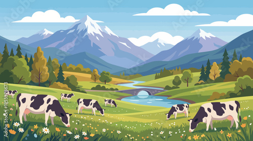 A serene rural scene featuring cows grazing in a lush green meadow, surrounded by majestic mountains under a clear blue sky, reflecting nature's tranquility.