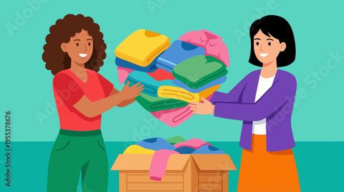 Two women joyfully exchange clothes for donation, embodying the spirit of giving and community, highlighting the importance of sharing and caring for others.
