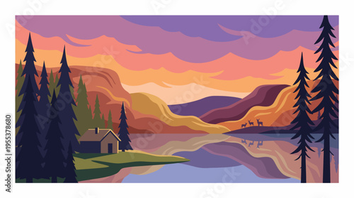 A breathtaking view showcasing a tranquil landscape with rolling mountains under a colorful sunset, reflecting onto a peaceful lake adorned by silhouetted trees.